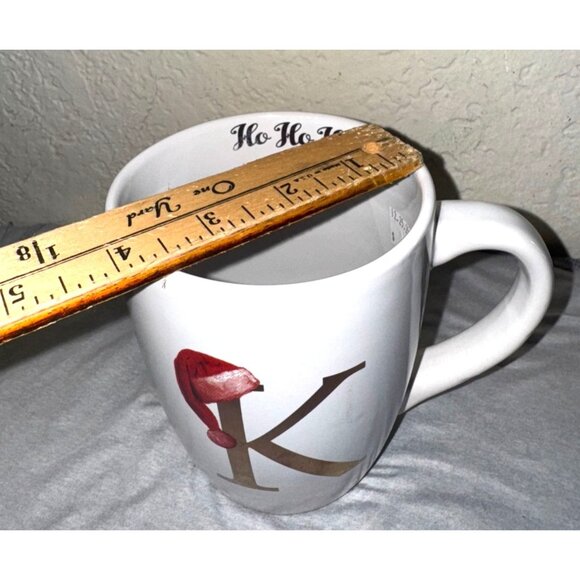 Monogram Holiday White Ceramic Mug K With Santa Hat & "Ho Ho Ho" Text - Picture 5 of 5